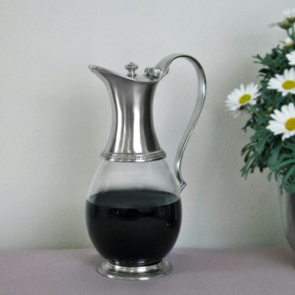 Pewter and glass jug with lid - Pewter and glass pitcher with lid - Italian pewter drinkware (596)
