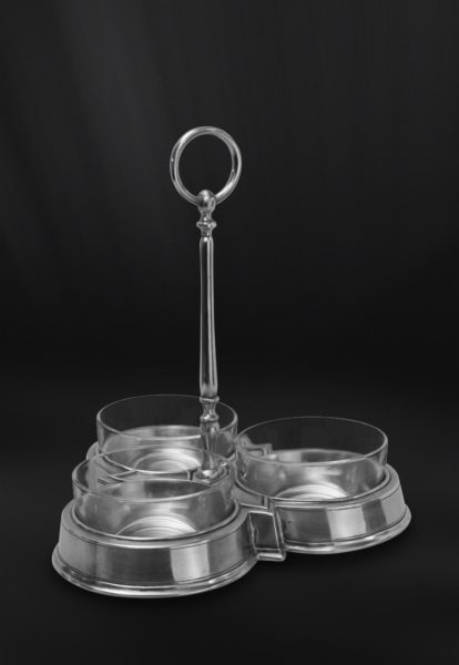 Pewter and crystal condiment tray - Crudité tray handmade in Italy - Italian pewter condiment tray (Art.817)